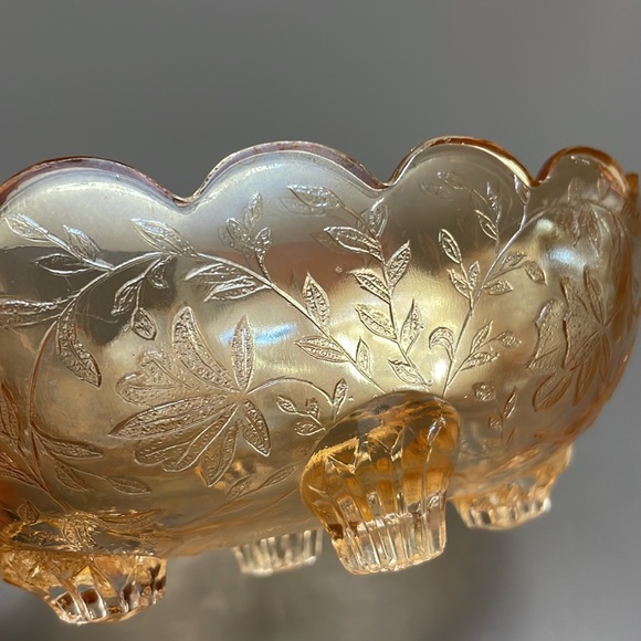 VINTAGE Amber Marigold Luster Carnival Glass Footed Oval Candy Dish iridescent - Picture 6 of 7